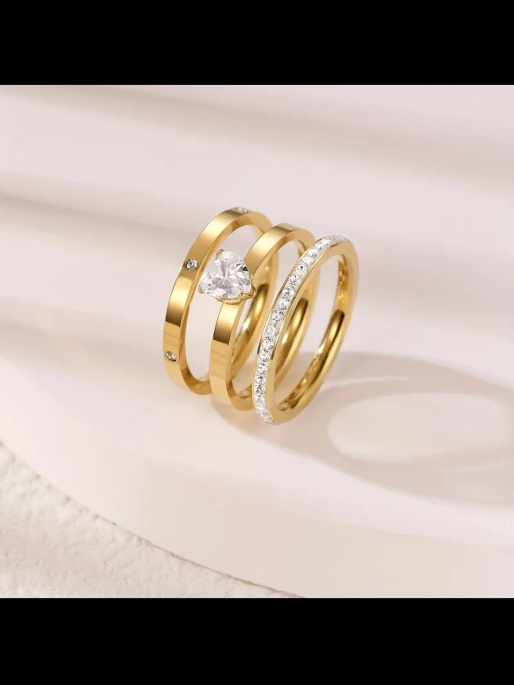 Gold Tone Triple Band Ring Set with Heart-Cut Center Stone